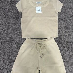 Nali Collection Beige Knit Short Sleeve Set-Cream Color-Size S/M